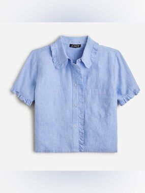 J Crew Ruffle Trim Button Up Linen Shirt French Blue Womens XXL New Top Collared
